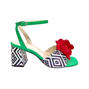 Jerryshoes green floral block heel sandals with red flower accent