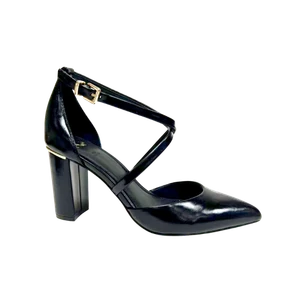 Jerryshoes navy blue T-strap heels with gold buckle