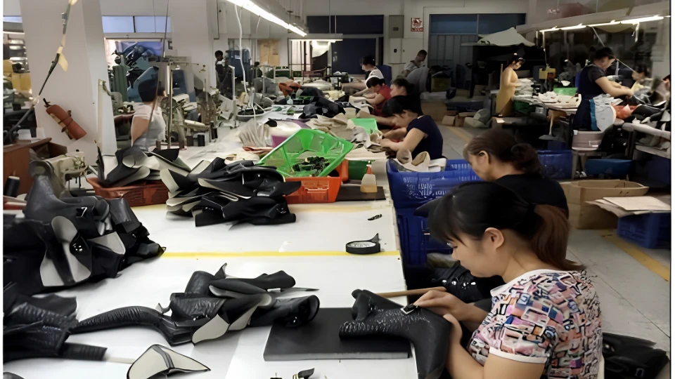 Jerryshoes busy factory production floor with team crafting high-quality shoes